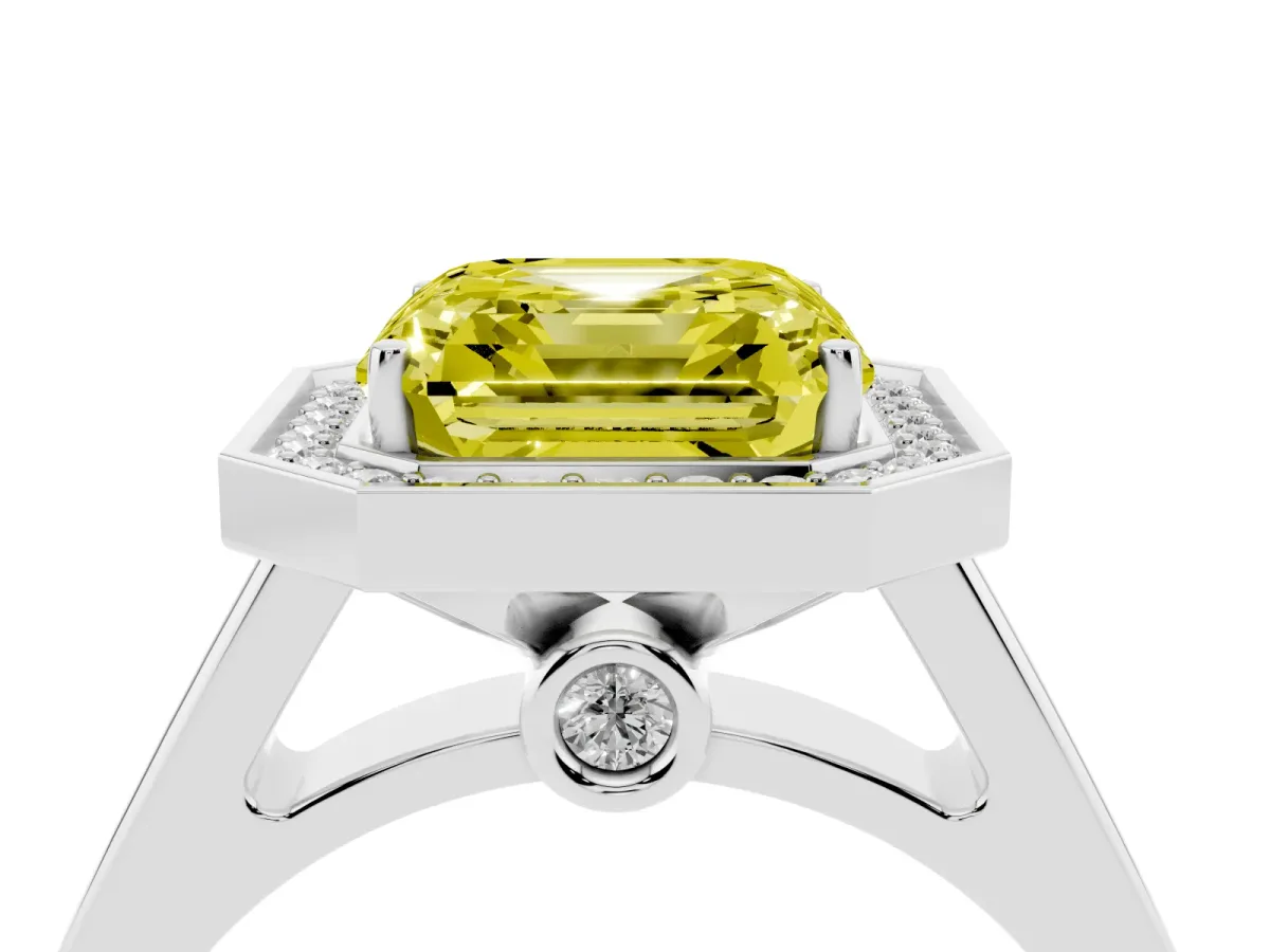 Fancy Yellow Asscher Cut Halo Solitaire Diamond Ring with Pave Band and Bezel Setting Silver