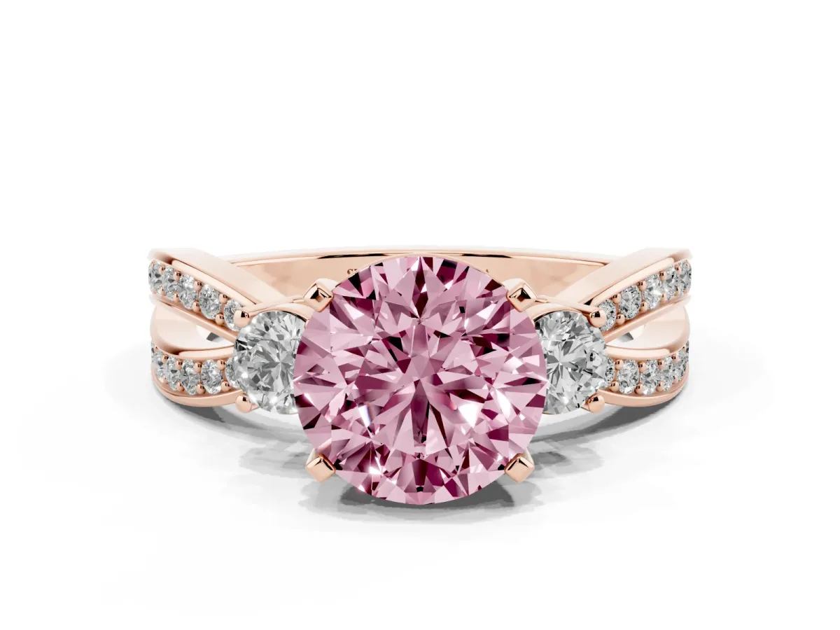Fancy Pink Three-Stone Round Cut Cut Diamond Twist Band with Prong Setting Rose gold