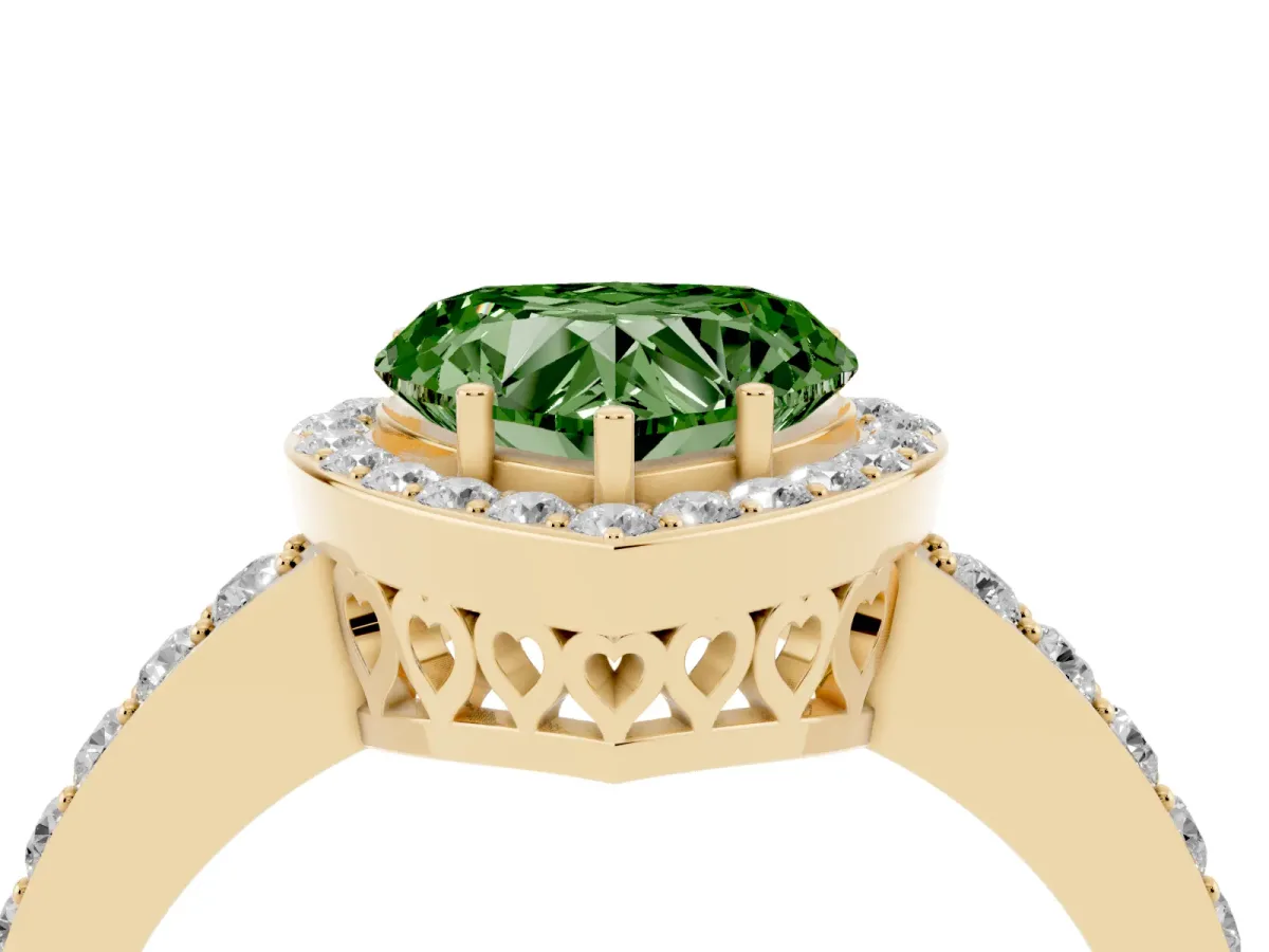 Fancy Green Heart Cut Halo Diamond Pavé Band Ring with Prong Setting Yellow gold