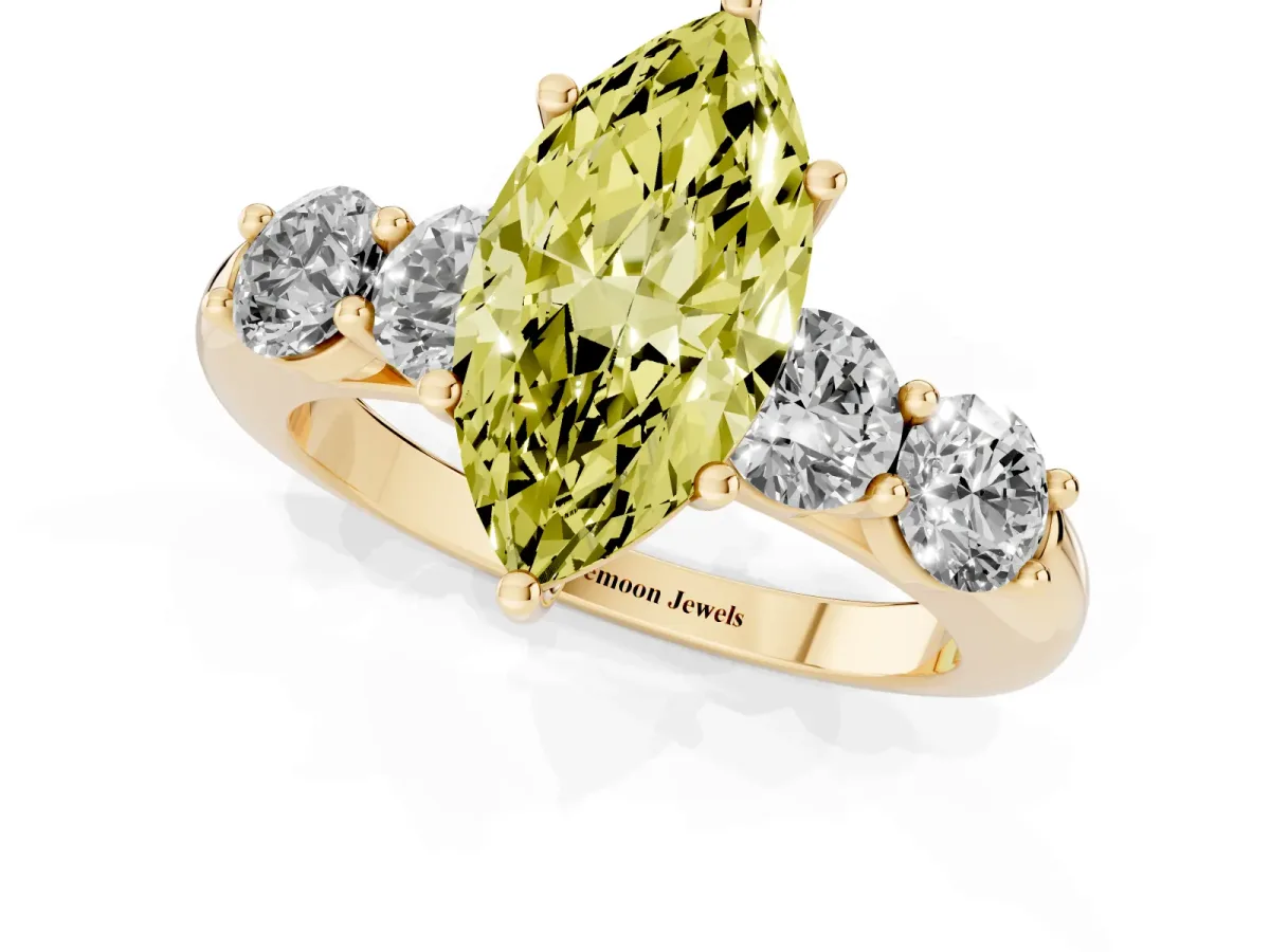 Fancy Yellow Marquise Cut Cut Five-Stone Prong Set Diamond Ring with Classic Band Yellow gold