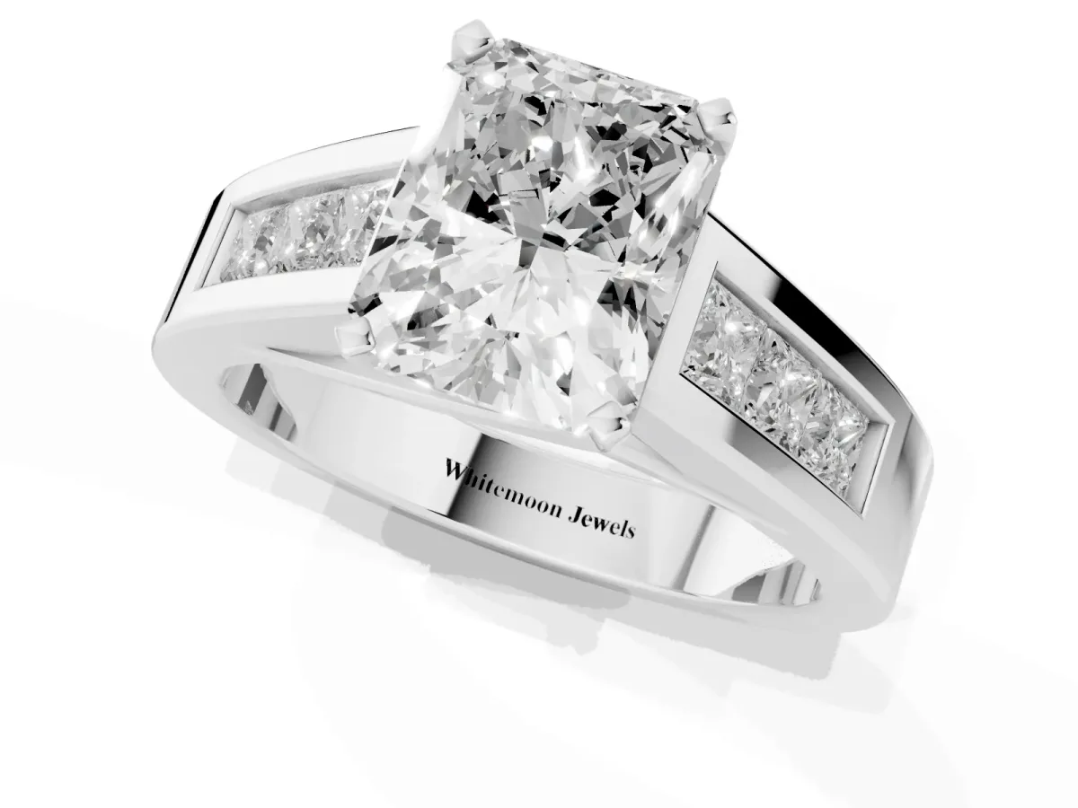 Radiant Cut Cut Channel Set Solitaire Ring with Four-Prong Setting Silver