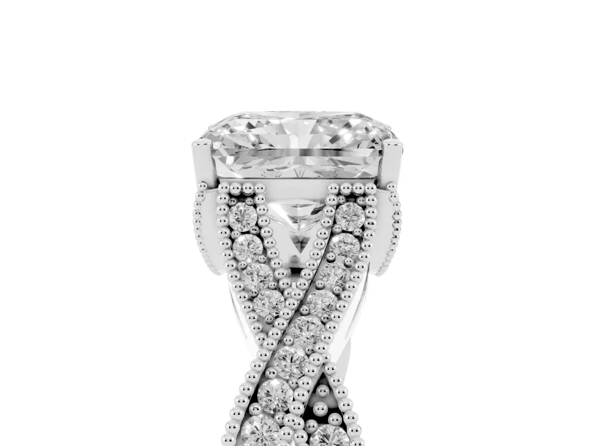 Radiant Cut Cut Diamond Twisted Band with Milgrain Pave Setting and Four-Prong Setting Silver
