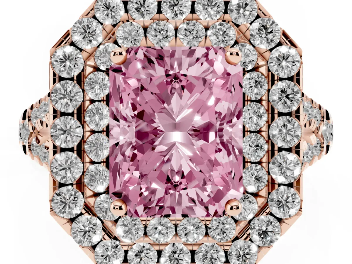 Fancy Pink Double Halo Radiant Cut Diamond Pavé Split Shank Ring with Prong Setting Rose gold