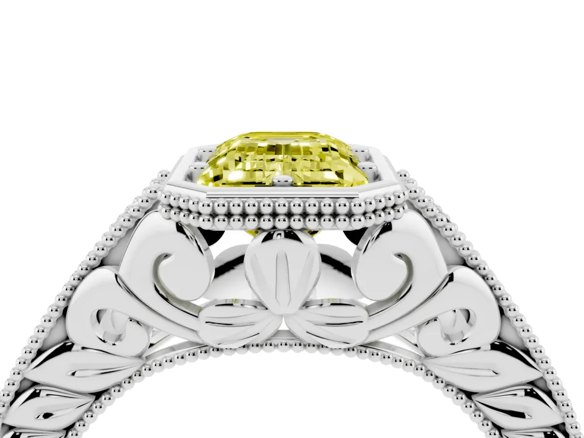 Fancy Yellow Bezel Set Emerald Cut Diamond Milgrain Pave Engagement Ring Silver
