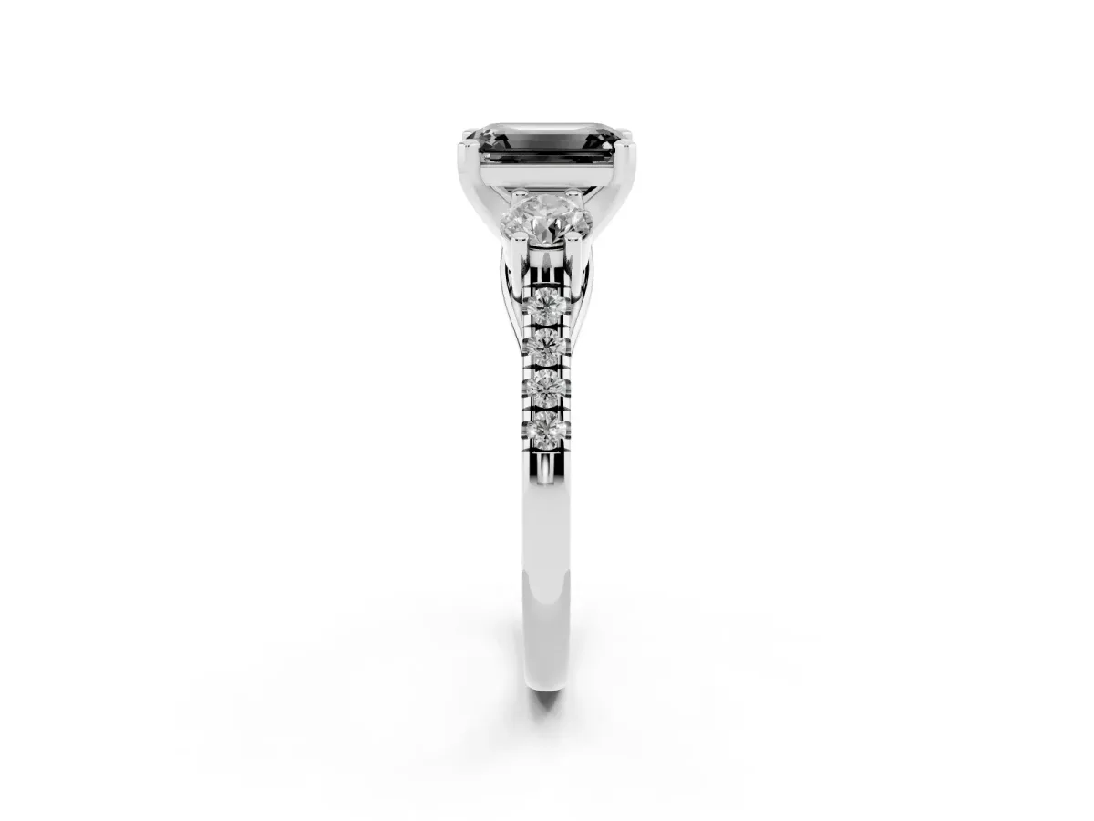 Fancy Black Three-Stone Emerald Cut Diamond Pavé Band with Four-Prong Setting Silver