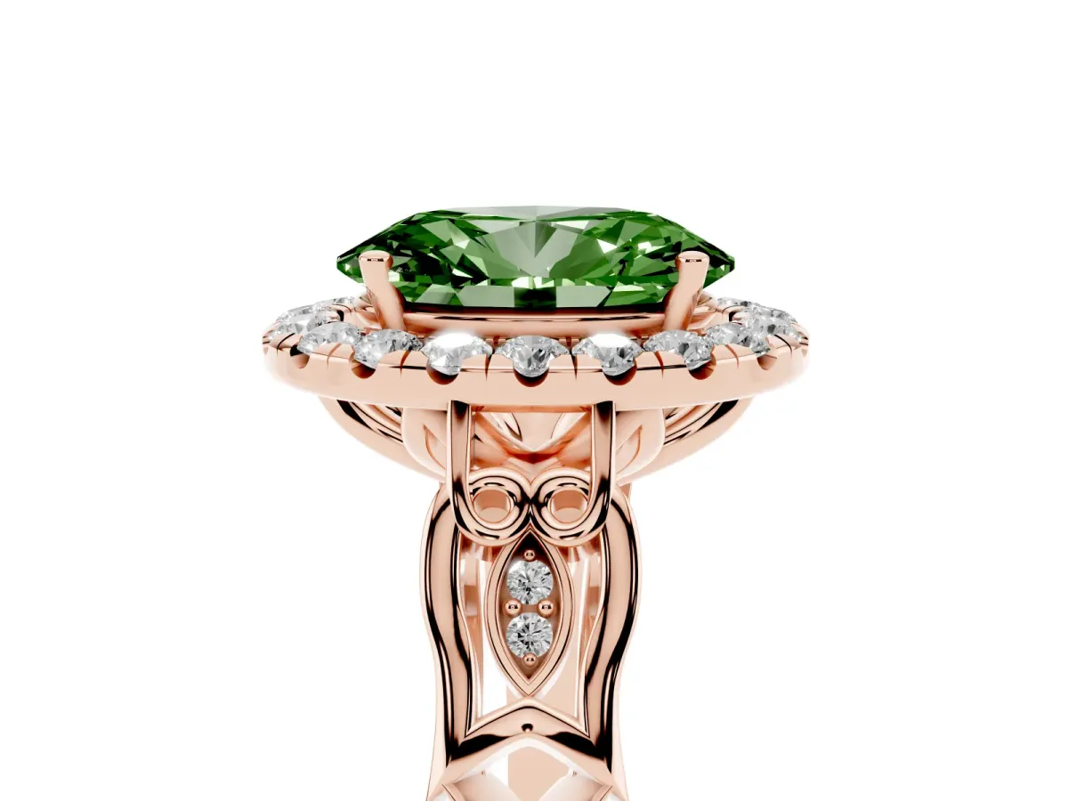 Fancy Green Oval Cut Halo Diamond Engagement Ring with Filigree Band and Four-Prong Setting Rose gold