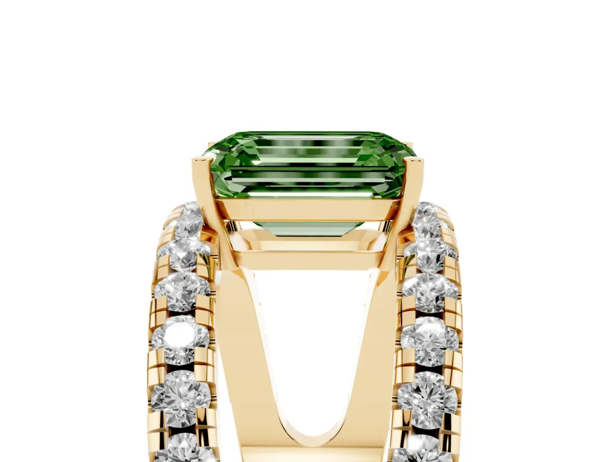 Fancy Green Emerald Cut Solitaire Split Shank Pave Diamond Ring Yellow gold