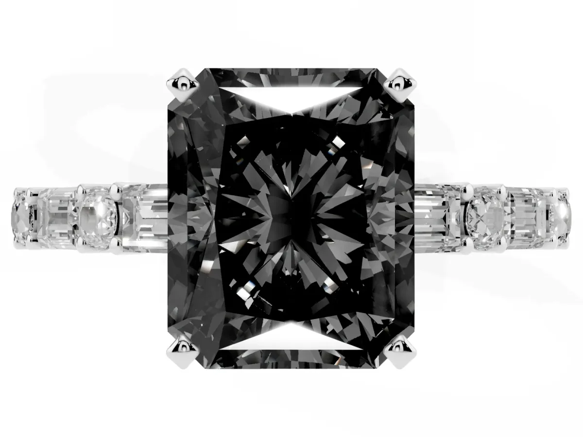 Fancy Black Radiant Cut Diamond Solitaire with Side Baguettes and Channel Set Band Silver
