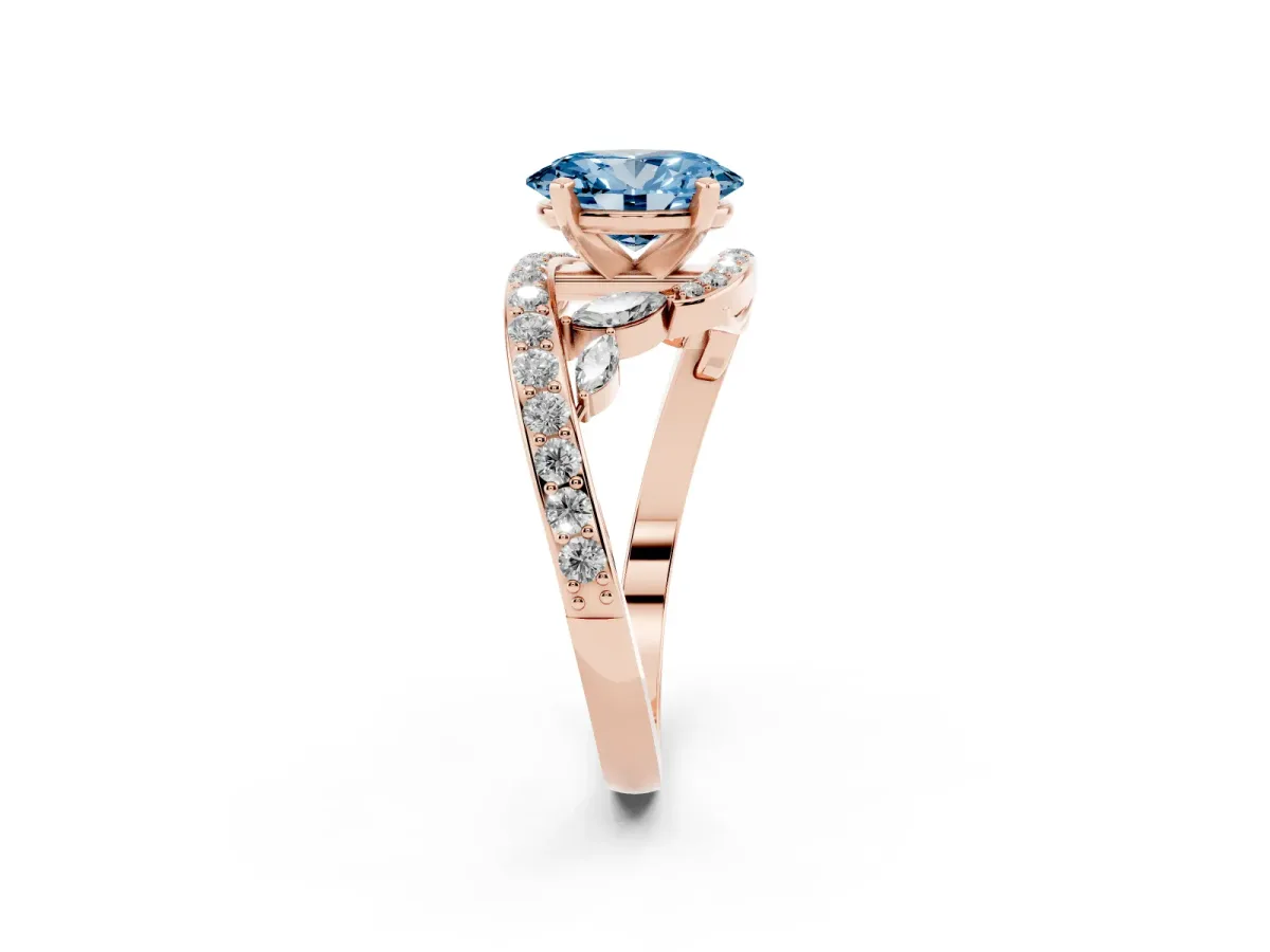 Fancy Blue Oval Cut Solitaire with Pavé Twist Band and Four-Prong Setting Rose gold