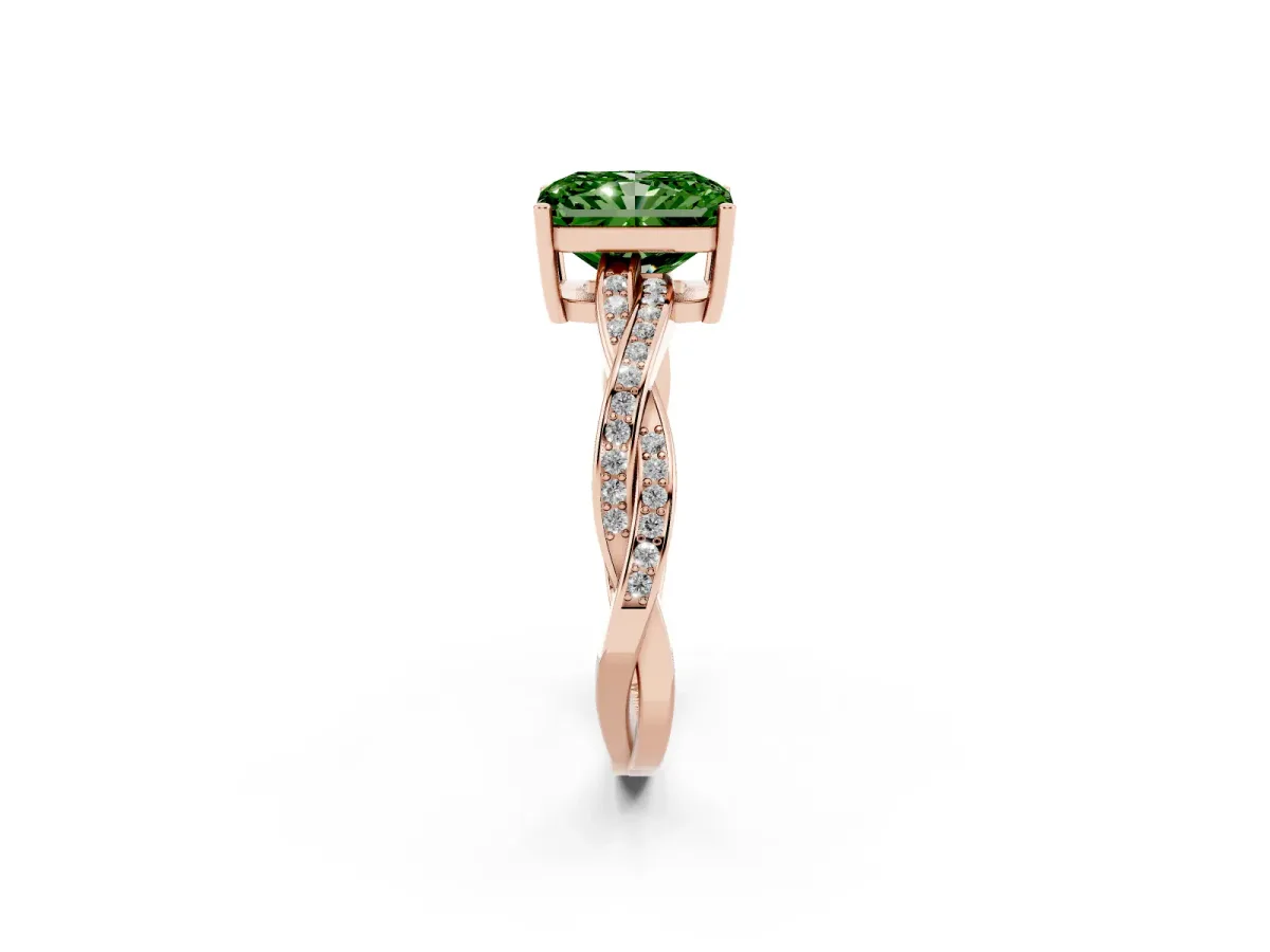 Fancy Green Radiant Cut Solitaire Twisted Pave Diamond Ring with Four-Prong Setting Rose gold