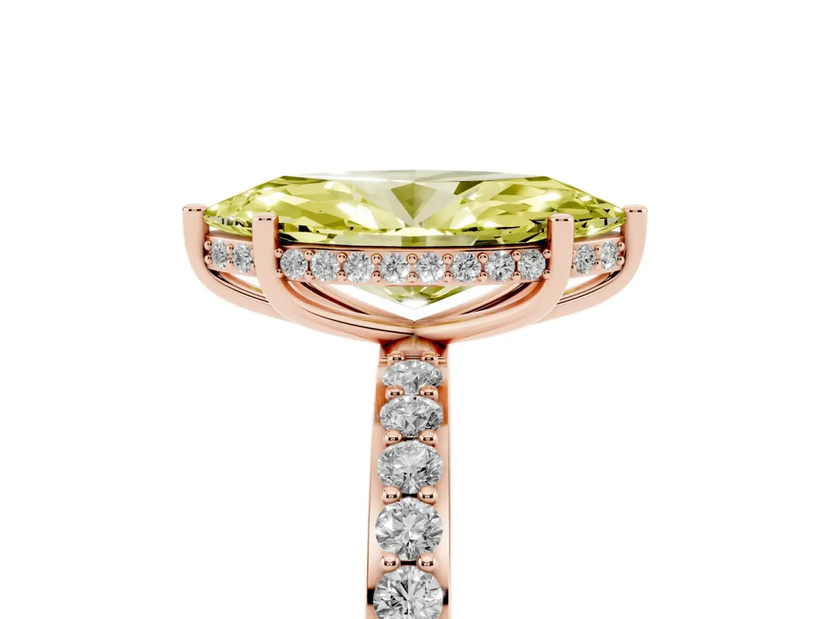 Fancy Yellow Marquise Cut Diamond Solitaire Ring with Pavé Band and Hidden Halo Rose gold