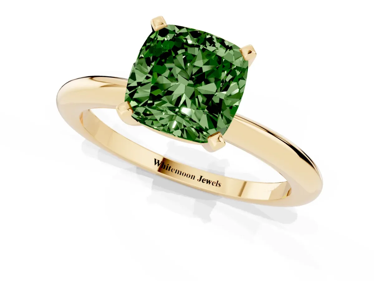 Fancy Green Cushion Cut Diamond Solitaire Ring with Prong Setting and Classic Band Yellow gold