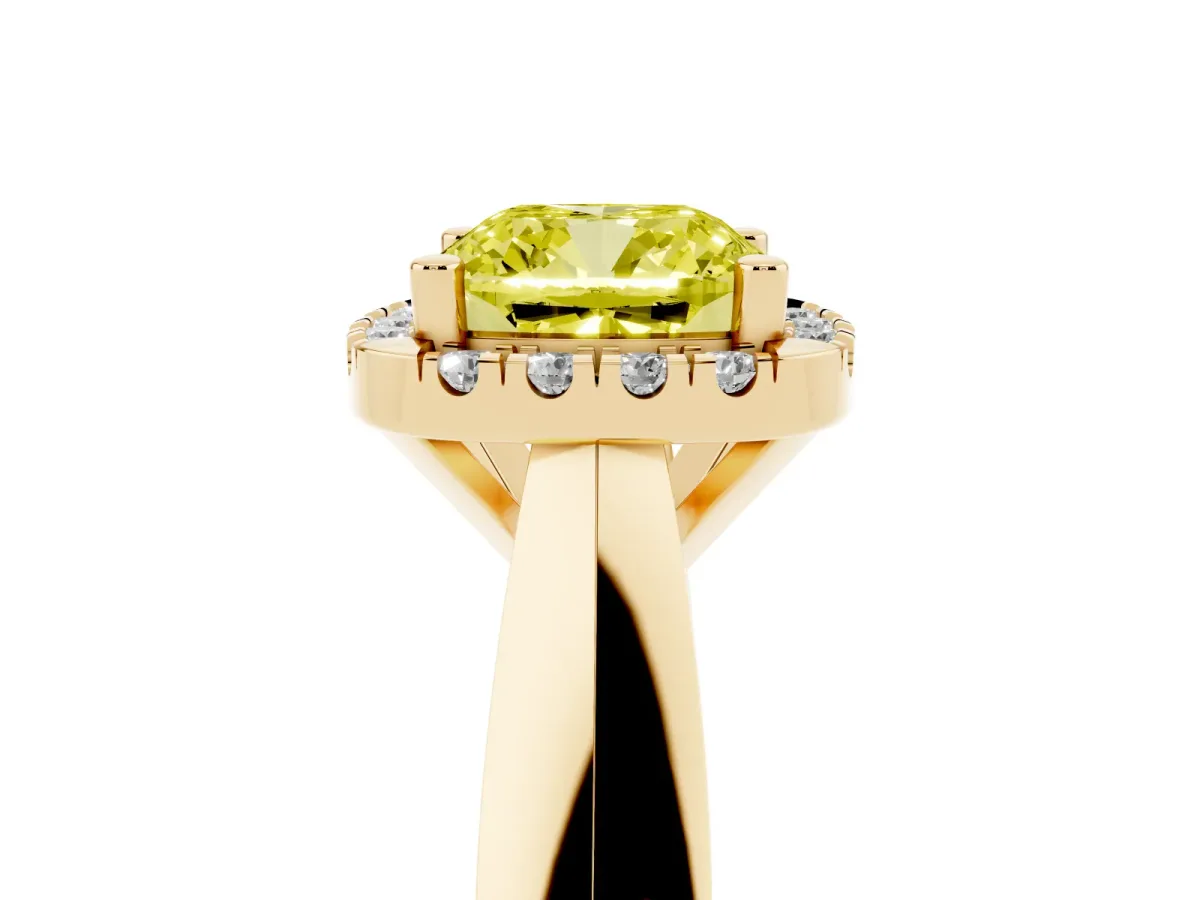 Fancy Yellow Cushion Cut Cut Halo Solitaire Engagement Ring with Square Band and Four-Prong Setting Yellow gold
