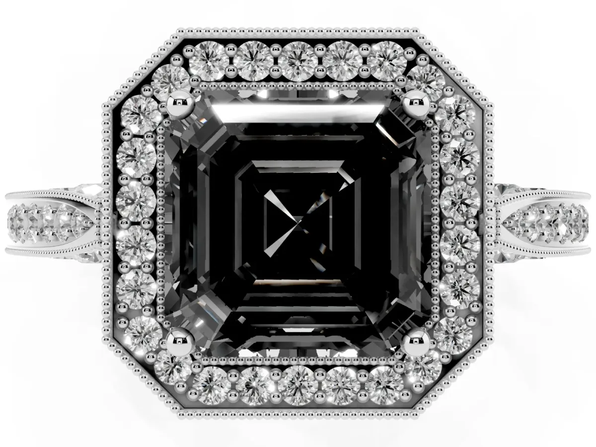 Fancy Black Asscher Cut Halo Diamond Engagement Ring with Split Shank Band and Four-Prong Setting Platinum