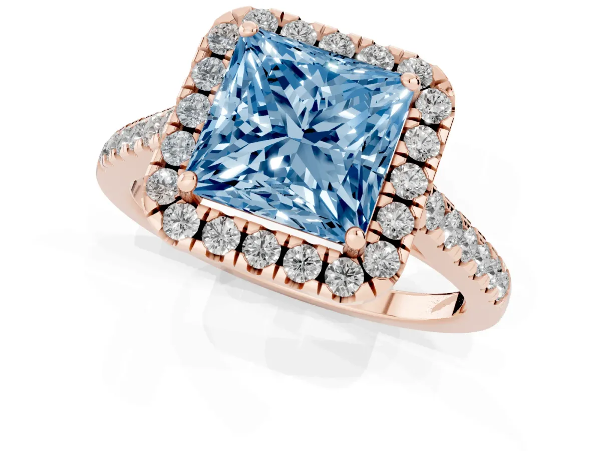 Fancy Blue Princess Cut Halo Pave Diamond Engagement Ring with Four-Prong Setting Rose gold
