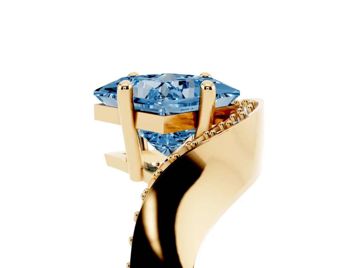 Fancy Blue Princess Cut Solitaire Diamond Engagement Ring with Pave Band and Four-Prong Setting Yellow gold