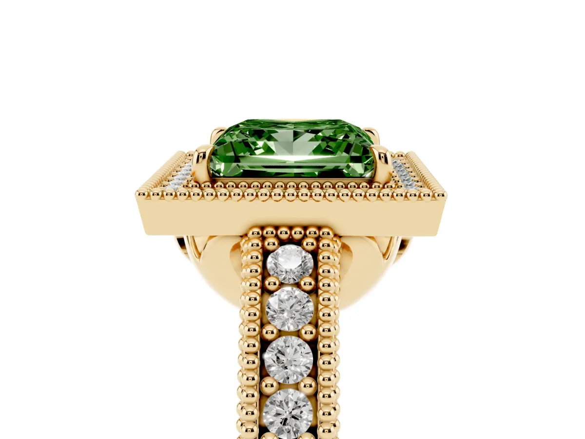 Fancy Green Princess Cut Cut Halo Diamond Ring with Pavé Band and Four-Prong Setting Yellow gold