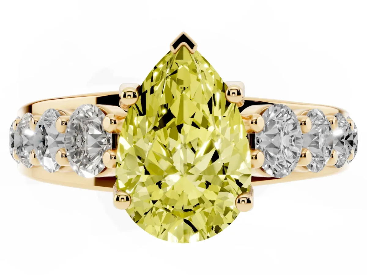 Fancy Yellow Pear Cut Diamond Engagement Ring with Pavé Band and Four-Prong Setting Yellow gold