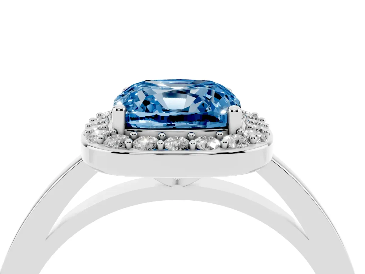 Fancy Blue Cushion Cut Halo Diamond Ring with Solitaire Band and Prong Setting Silver