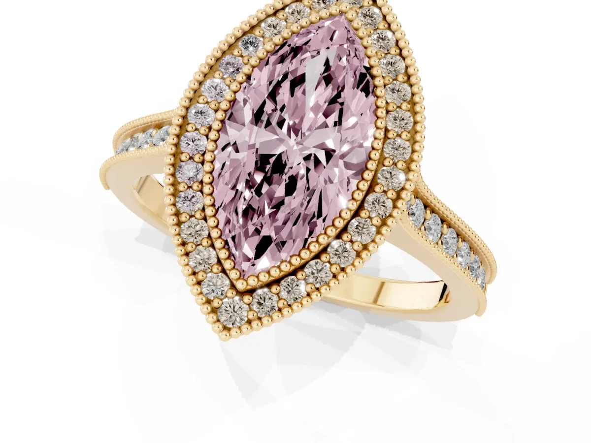 Fancy Pink Halo Marquise Cut-Cut Diamond Pave Band Milgrain Prong Setting Ring Yellow gold