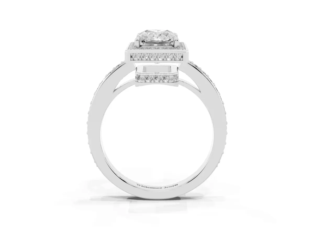 Radiant Cut Halo Pave Band Solitaire Ring with Prong Setting Silver