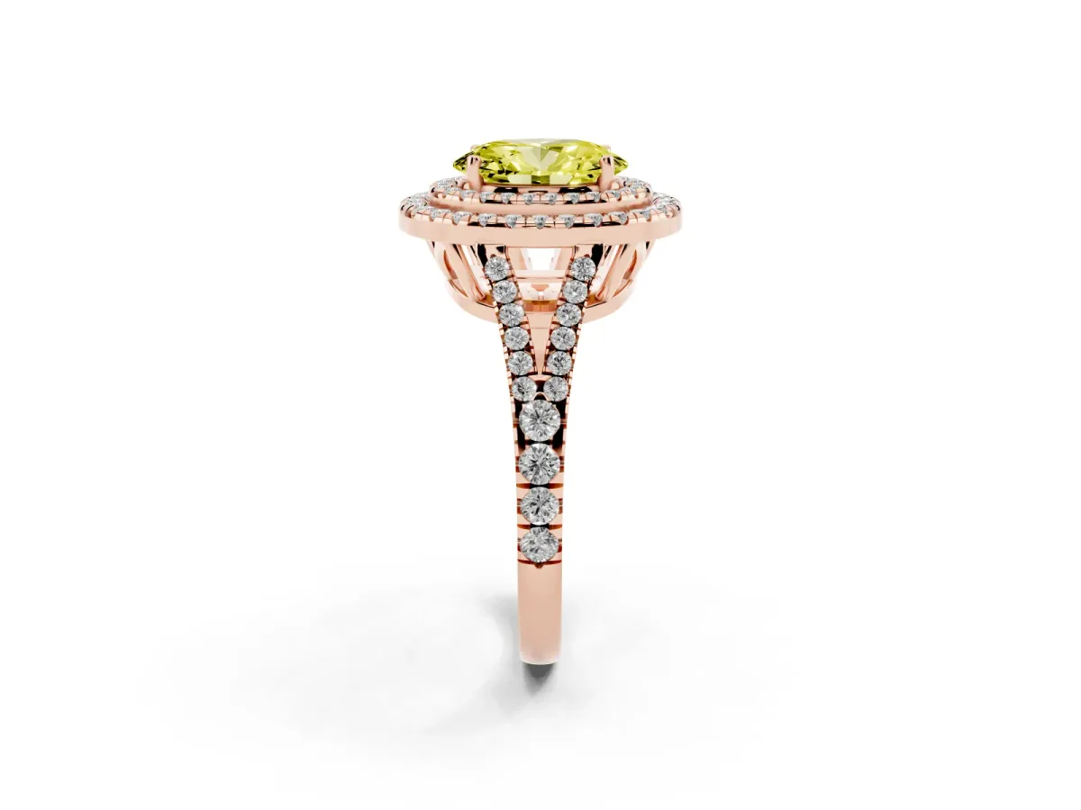 Fancy Yellow Oval Cut Diamond Double Halo Ring with Pavé Band and Prong Setting Rose gold