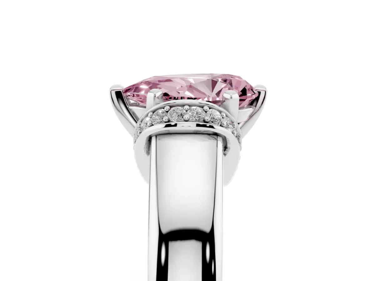 Fancy Pink Pear Cut Solitaire Diamond Ring with Pave Band and Six-Prong Setting Silver