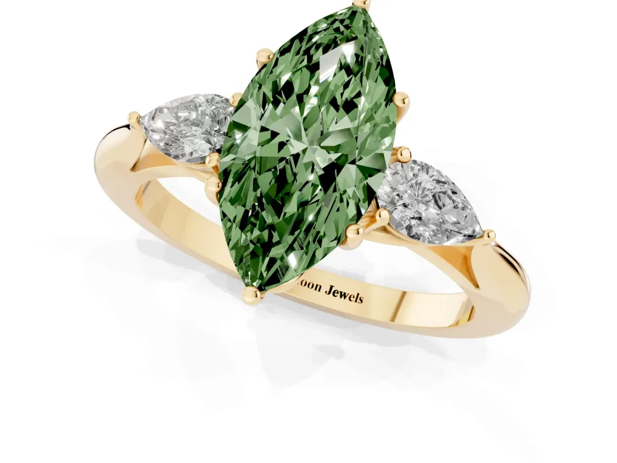Fancy Green Marquise Cut Diamond Three-Stone Ring with Pear Side Stones and Prong Setting Yellow gold