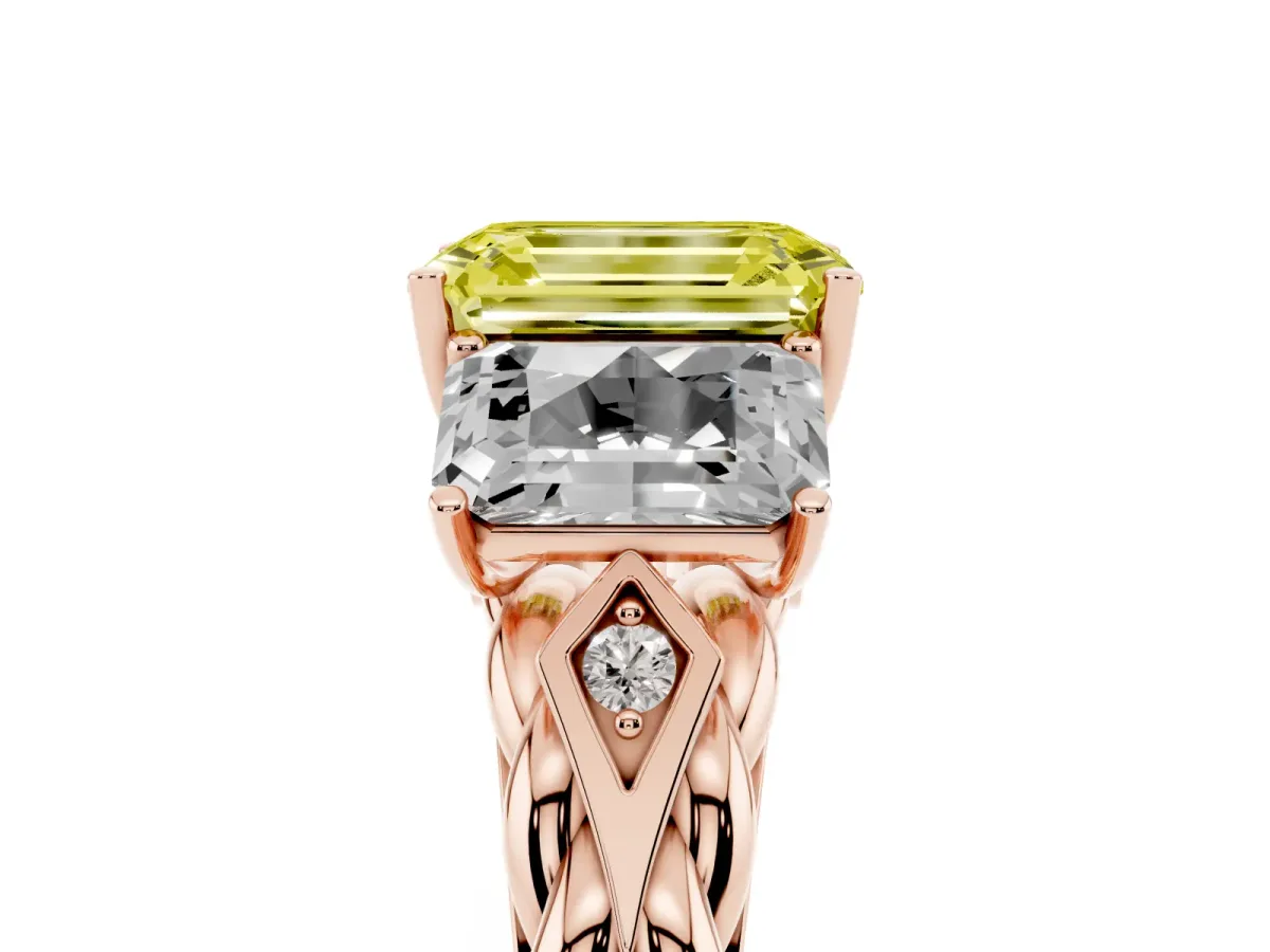 Fancy Yellow Three-Stone Emerald Cut Diamond Braided Band Ring with Four-Prong Setting Rose gold