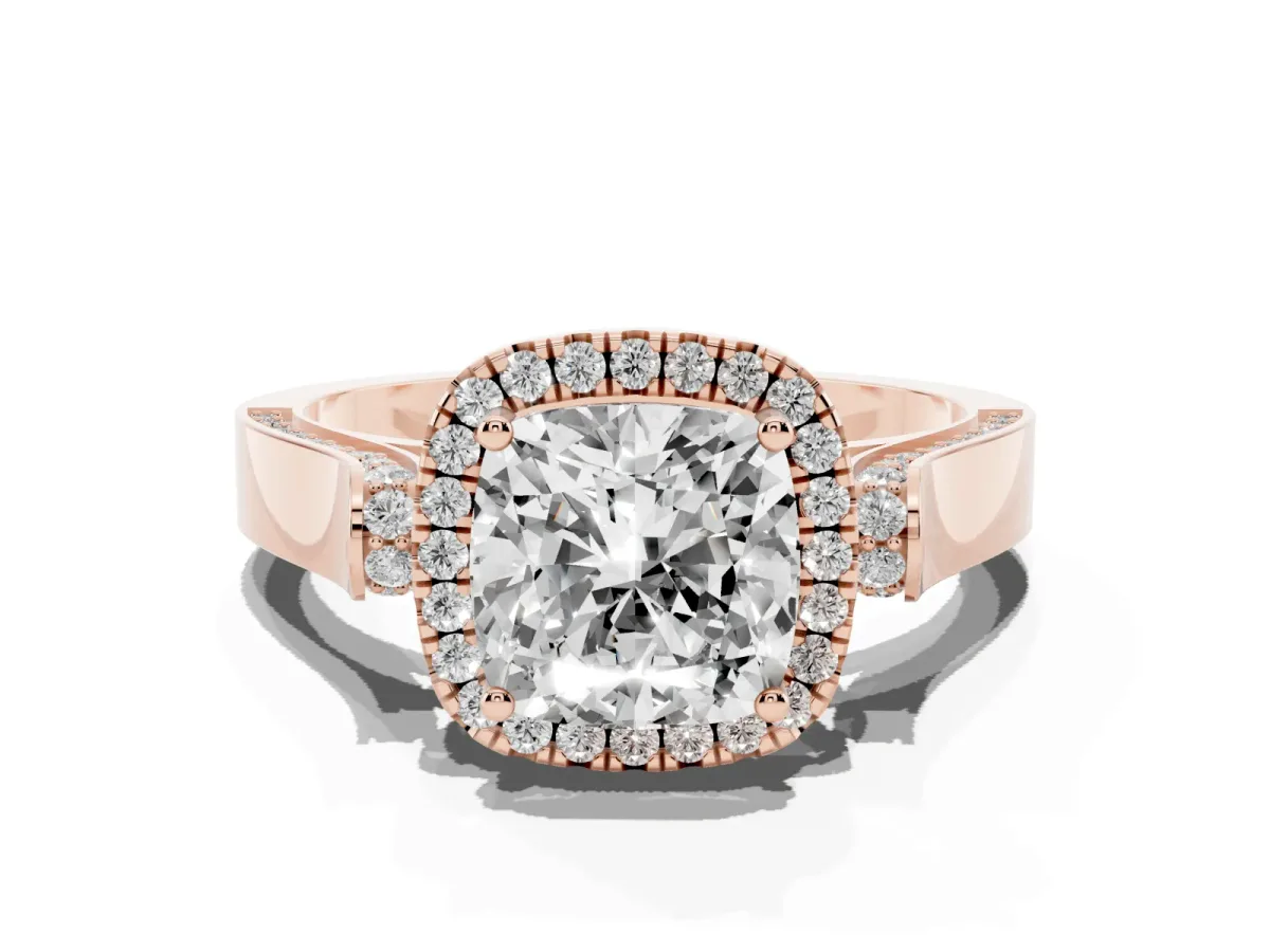 Cushion Cut Halo Pave Split Shank Prong Setting Ring Rose gold