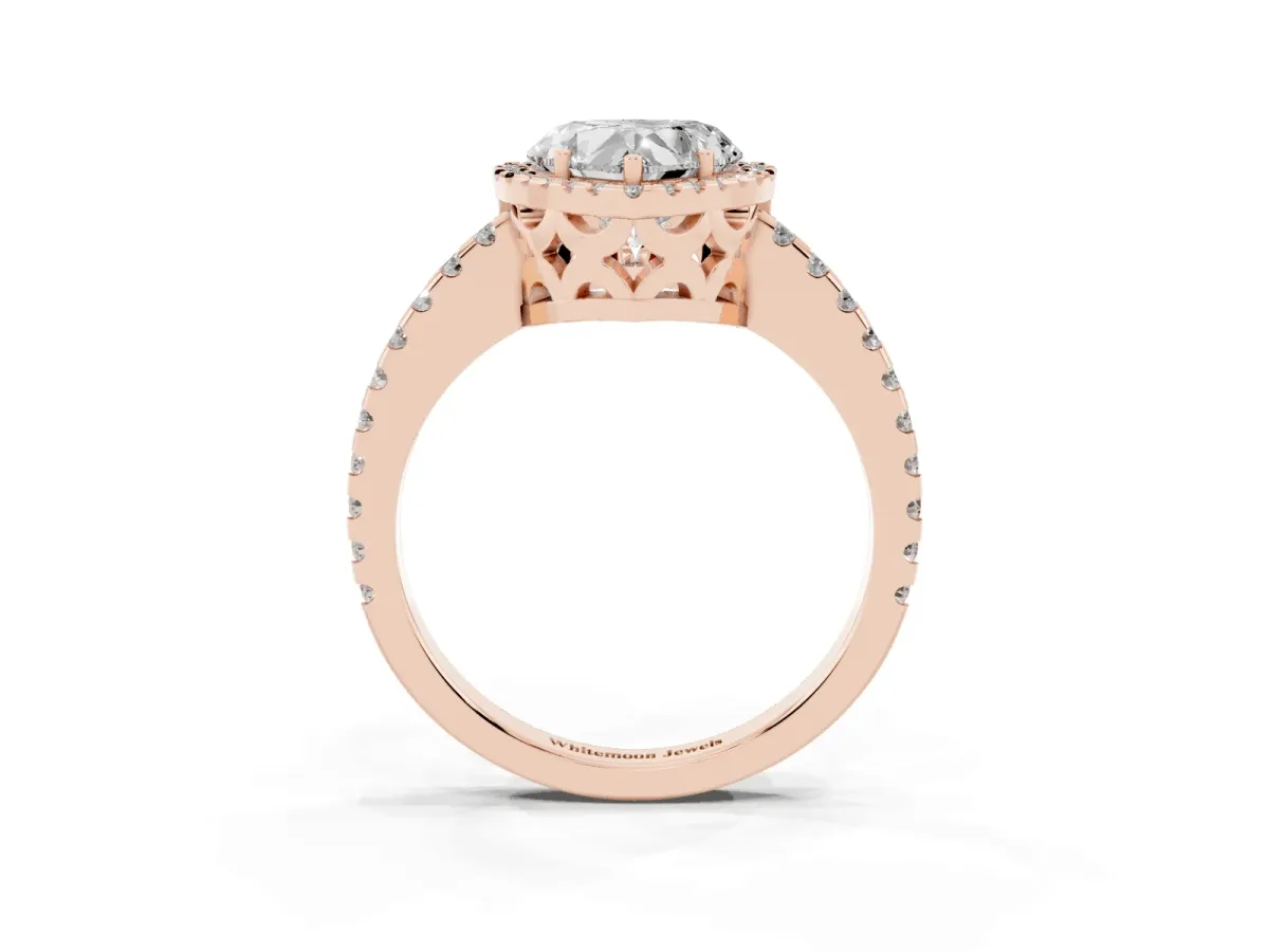 Heart Cut Diamond Halo Engagement Ring with Pavé Band and Prong Setting Rose gold