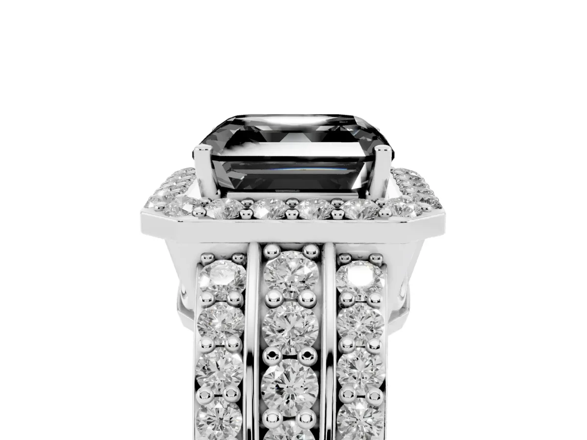 Fancy Black Asscher Cut Halo Diamond Ring with Round Split Shank and Prong Setting Platinum
