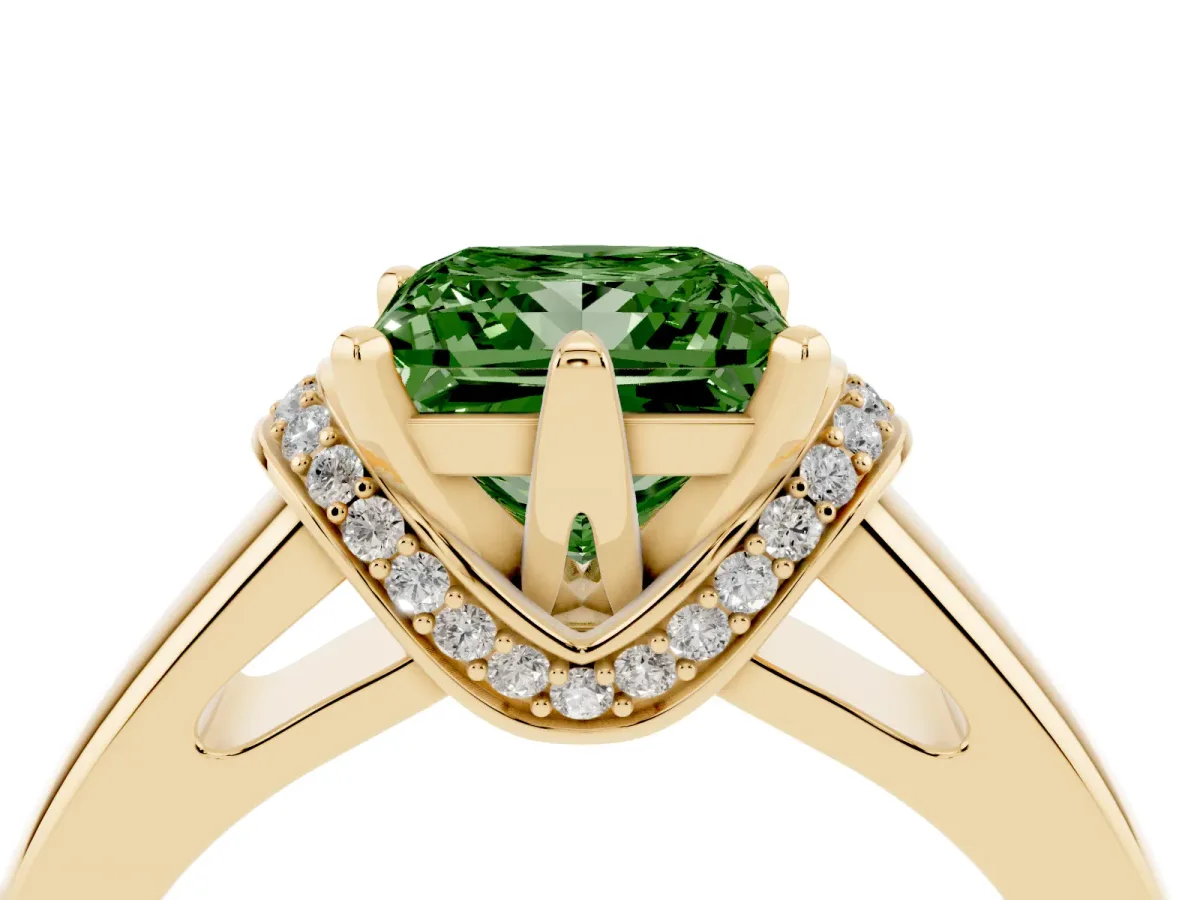 Fancy Green Princess Cut Solitaire Diamond Ring with Pave Band and Six-Prong Setting Yellow gold