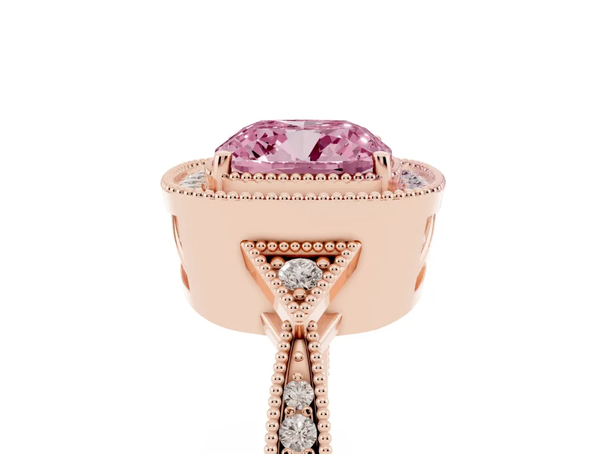 Fancy Pink Cushion Cut Halo Round Diamond Milgrain Pave Engagement Ring Rose gold