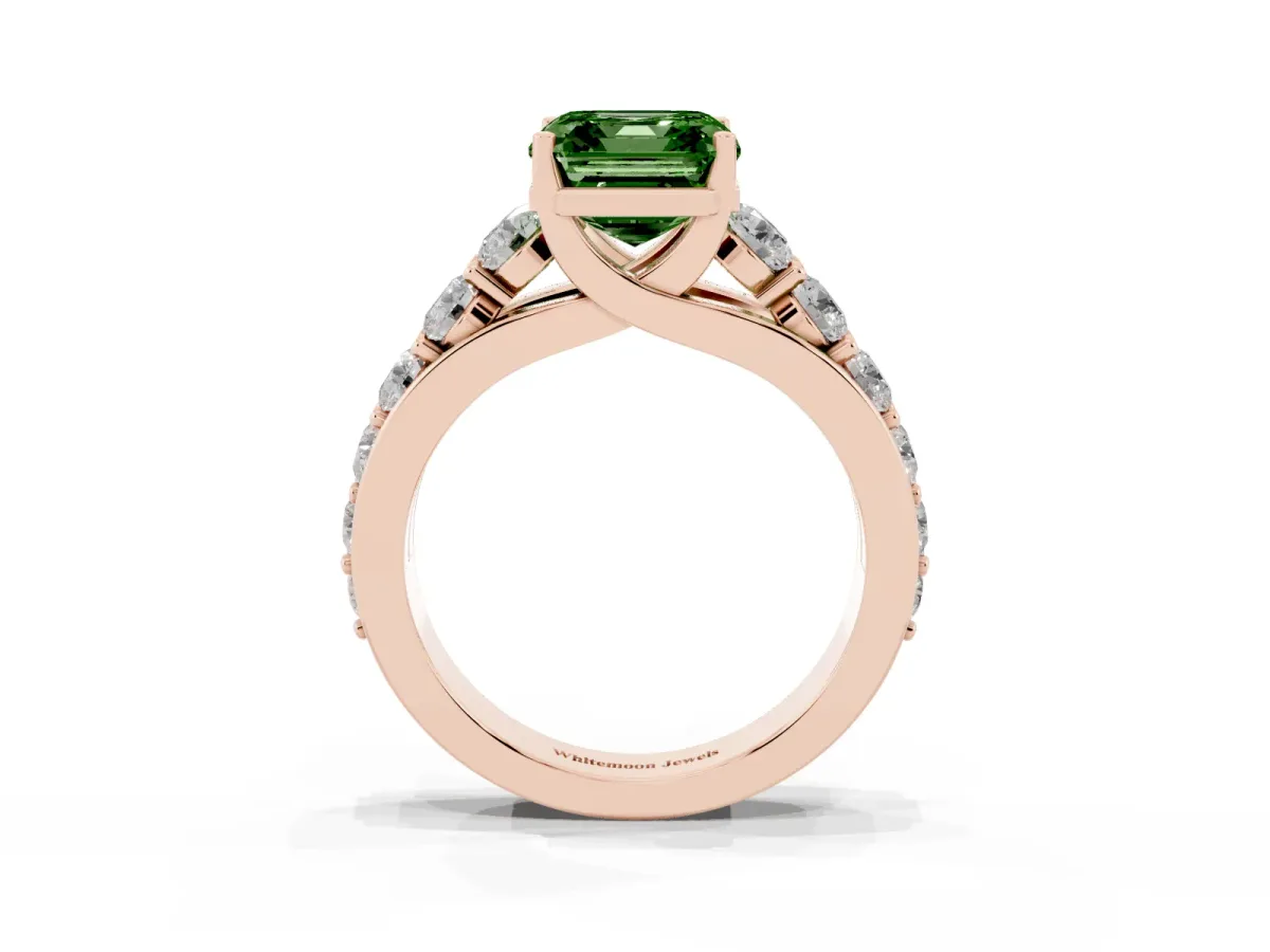Fancy Green Asscher Cut Diamond Engagement Ring with Pavé Band and Four-Prong Setting Rose gold