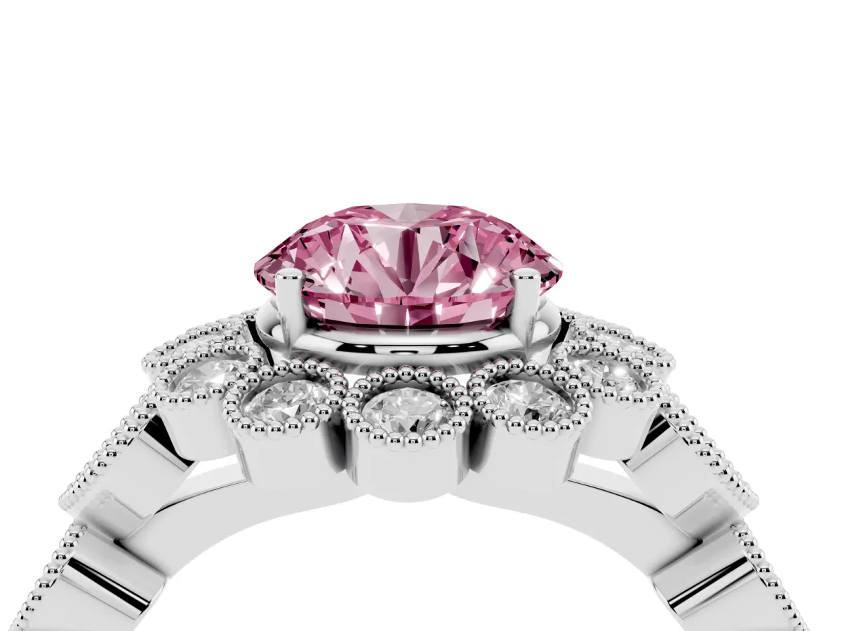 Fancy Pink Round Cut Brilliant Milgrain Pave Heart Band Solitaire Ring Platinum
