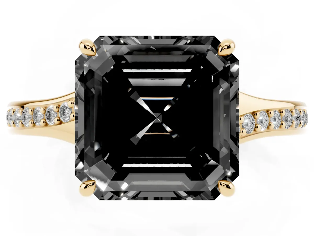 Fancy Black Asscher Cut Diamond Solitaire Ring with Pavé Band and Prong Setting Yellow gold