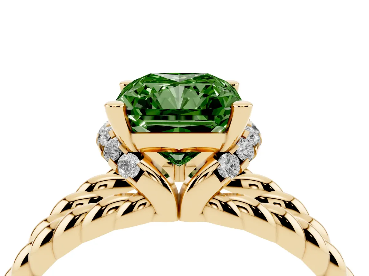 Fancy Green Radiant Cut Halo Twisted Band Four-Prong Ring Yellow gold