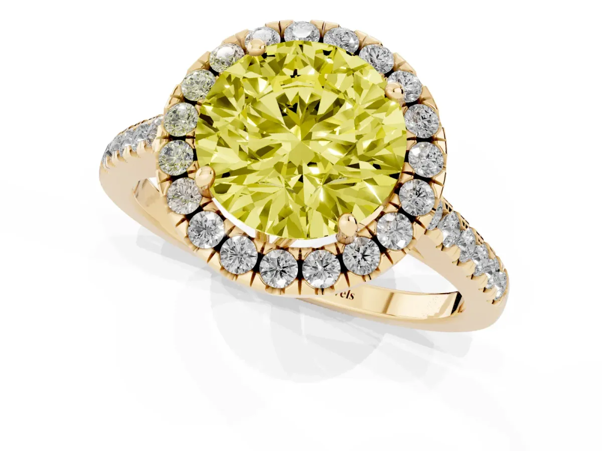 Fancy Yellow Round Cut Halo Pavé Diamond Engagement Ring with Four-Prong Setting Yellow gold