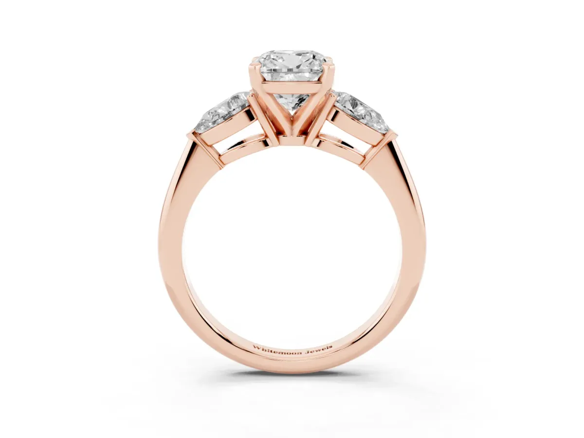 Three-Stone Cushion Cut Diamond Ring with Pear Side Stones and Four-Prong Setting Rose gold