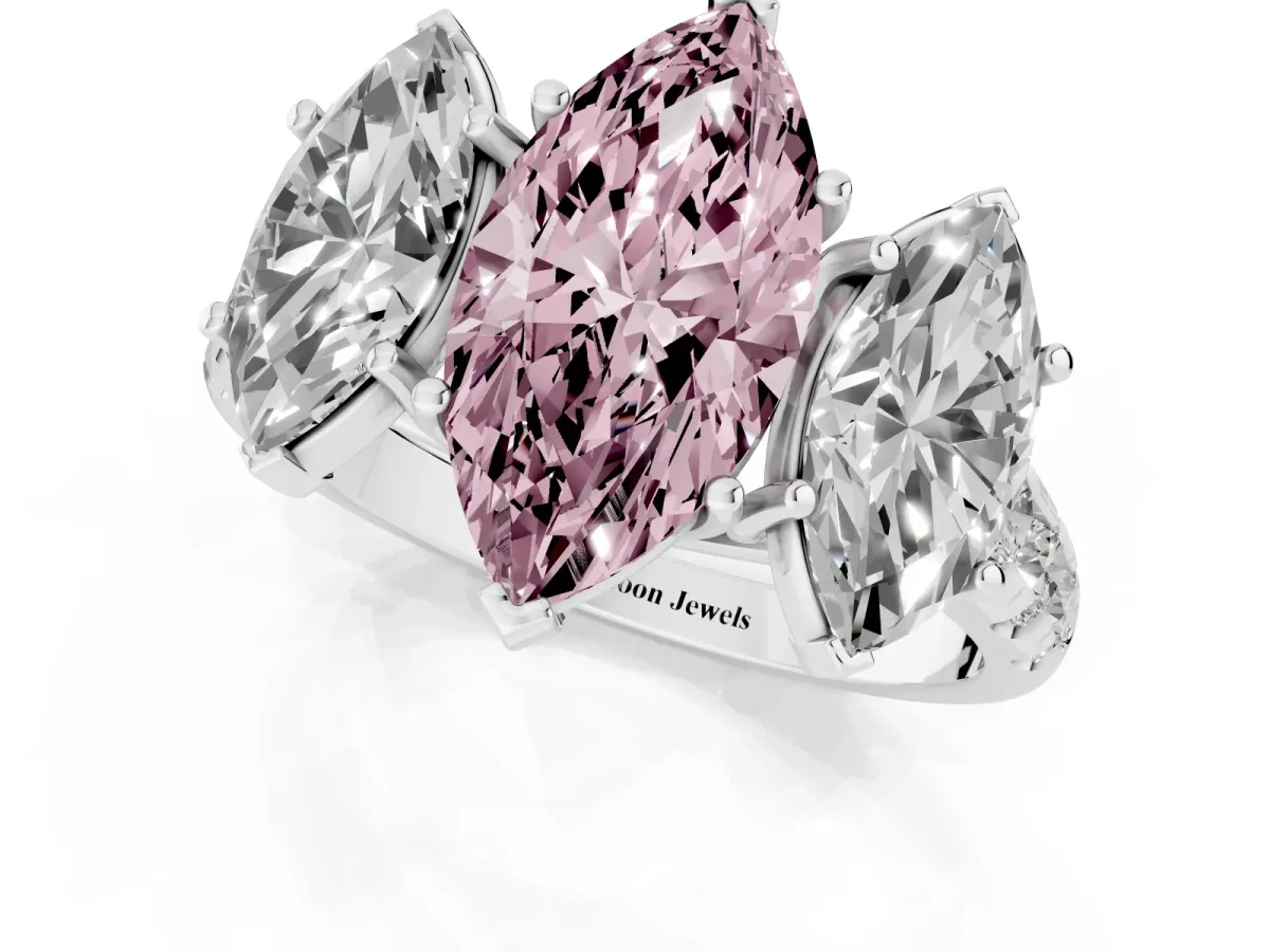Fancy Pink Three-Stone Marquise Cut Diamond Pavé Band with Prong Setting Platinum