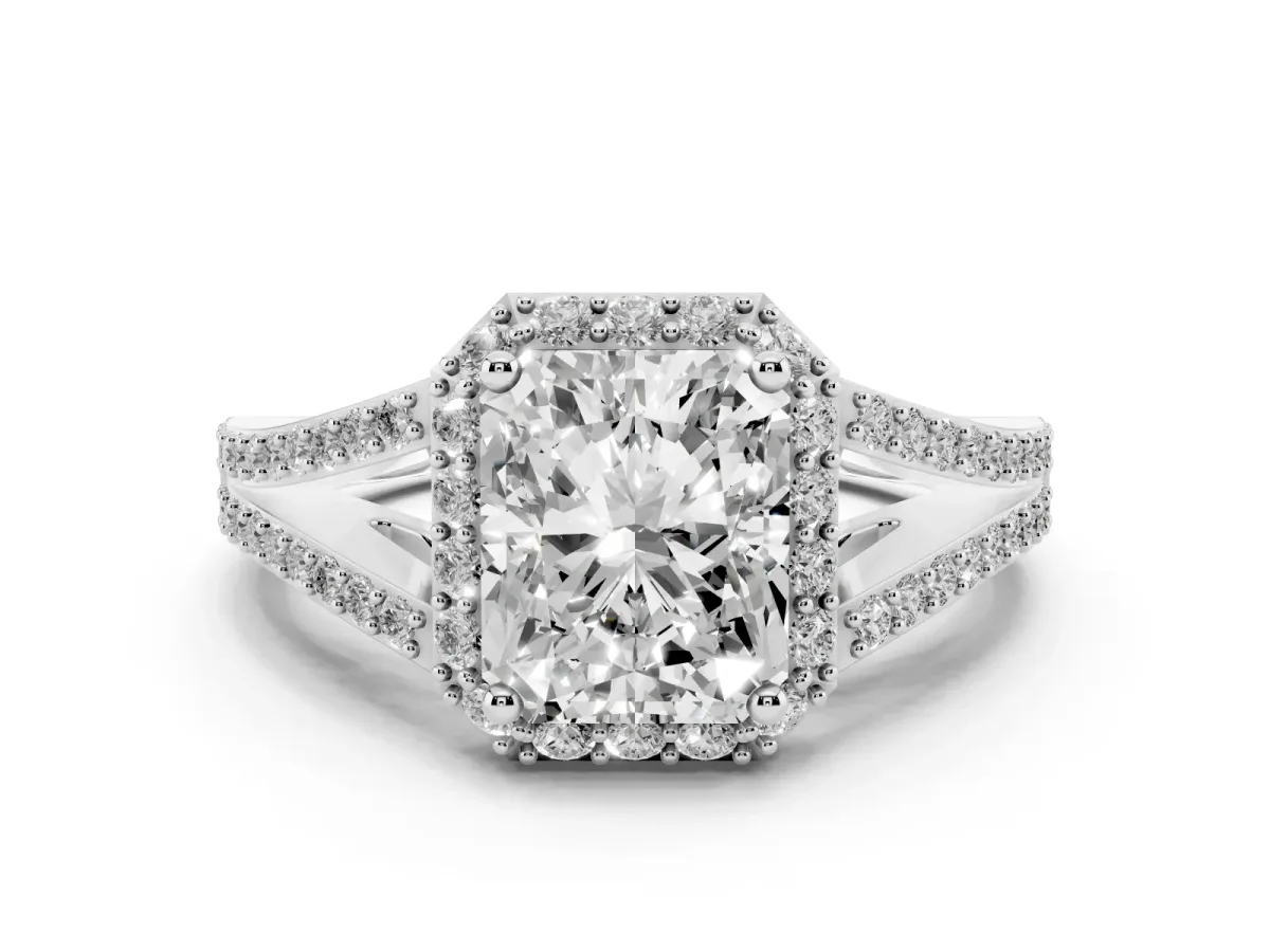 Radiant Cut Halo Split Shank Diamond Ring with Prong Setting Silver