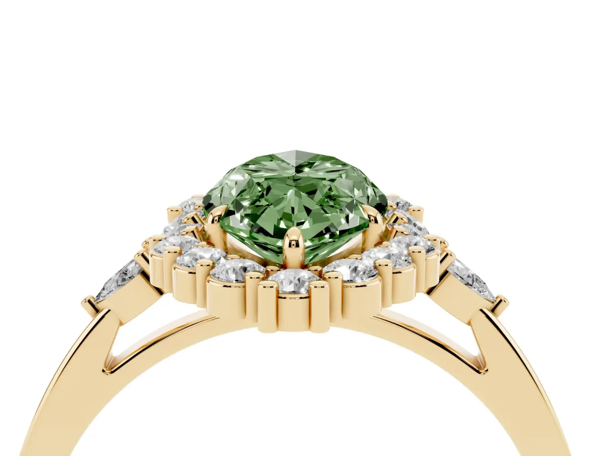 Fancy Green Marquise Cut Diamond Halo Ring with Pear Side Stones and Prong Setting Yellow gold