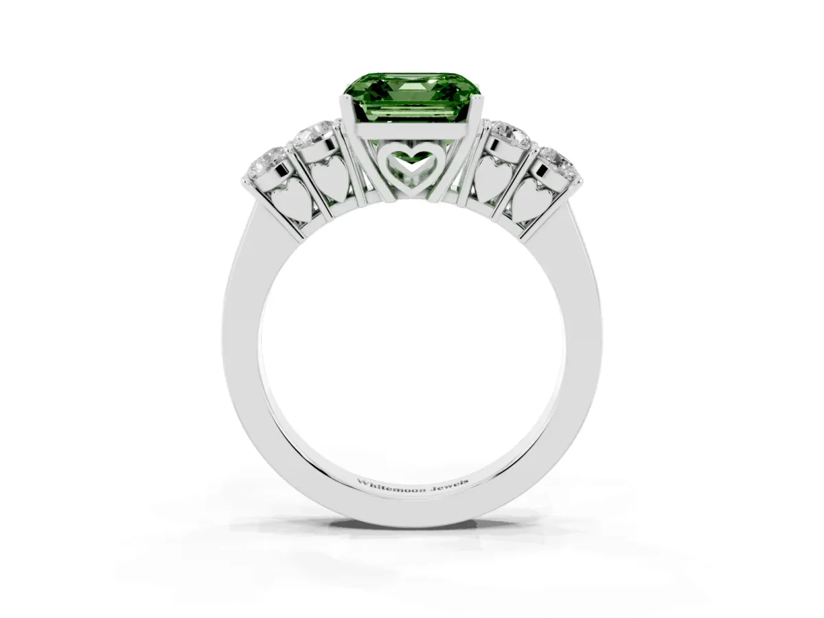 Fancy Green Asscher Cut Cut Diamond Five-Stone Prong Set White Gold Ring Platinum