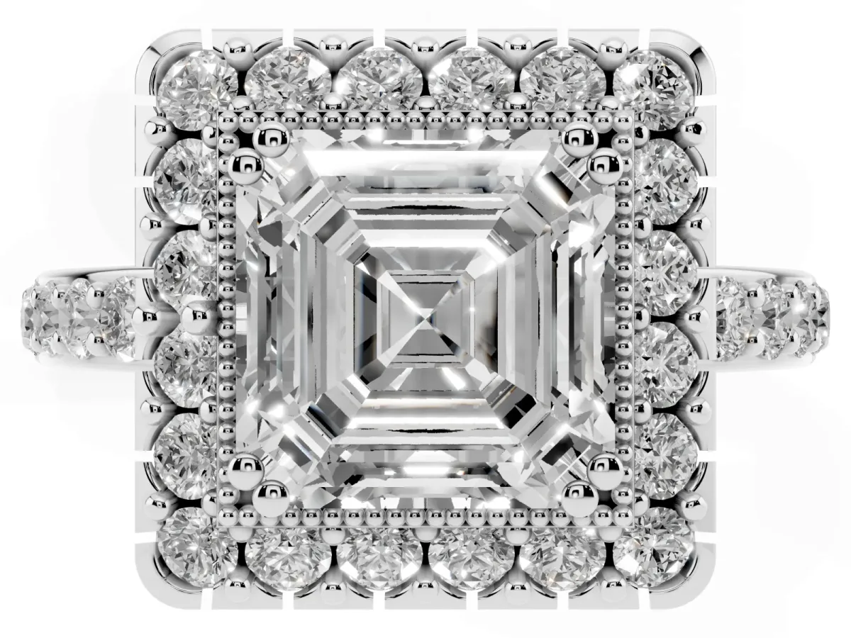Asscher Cut Diamond Halo Ring with Pavé Band and Prong Setting Silver