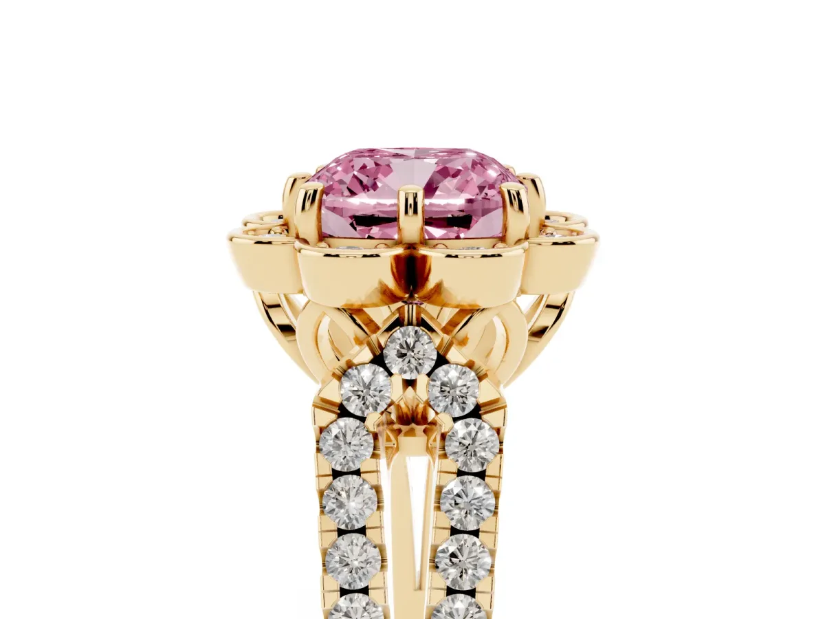 Fancy Pink Cushion Cut Halo Diamond Floral Split Shank Engagement Ring Yellow gold