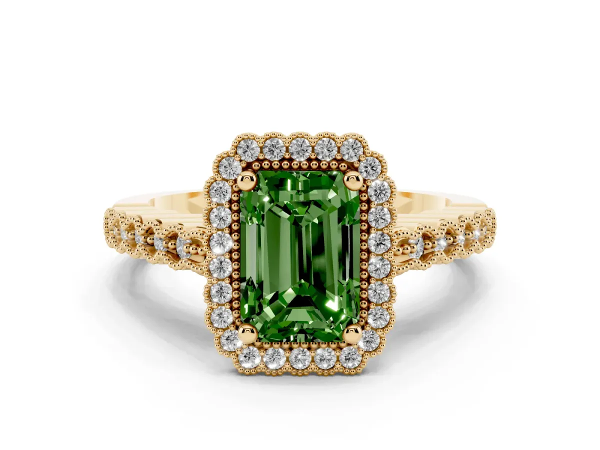 Fancy Green Radiant Cut Cut Halo Pavé Solitaire Ring with Milgrain Band Yellow gold