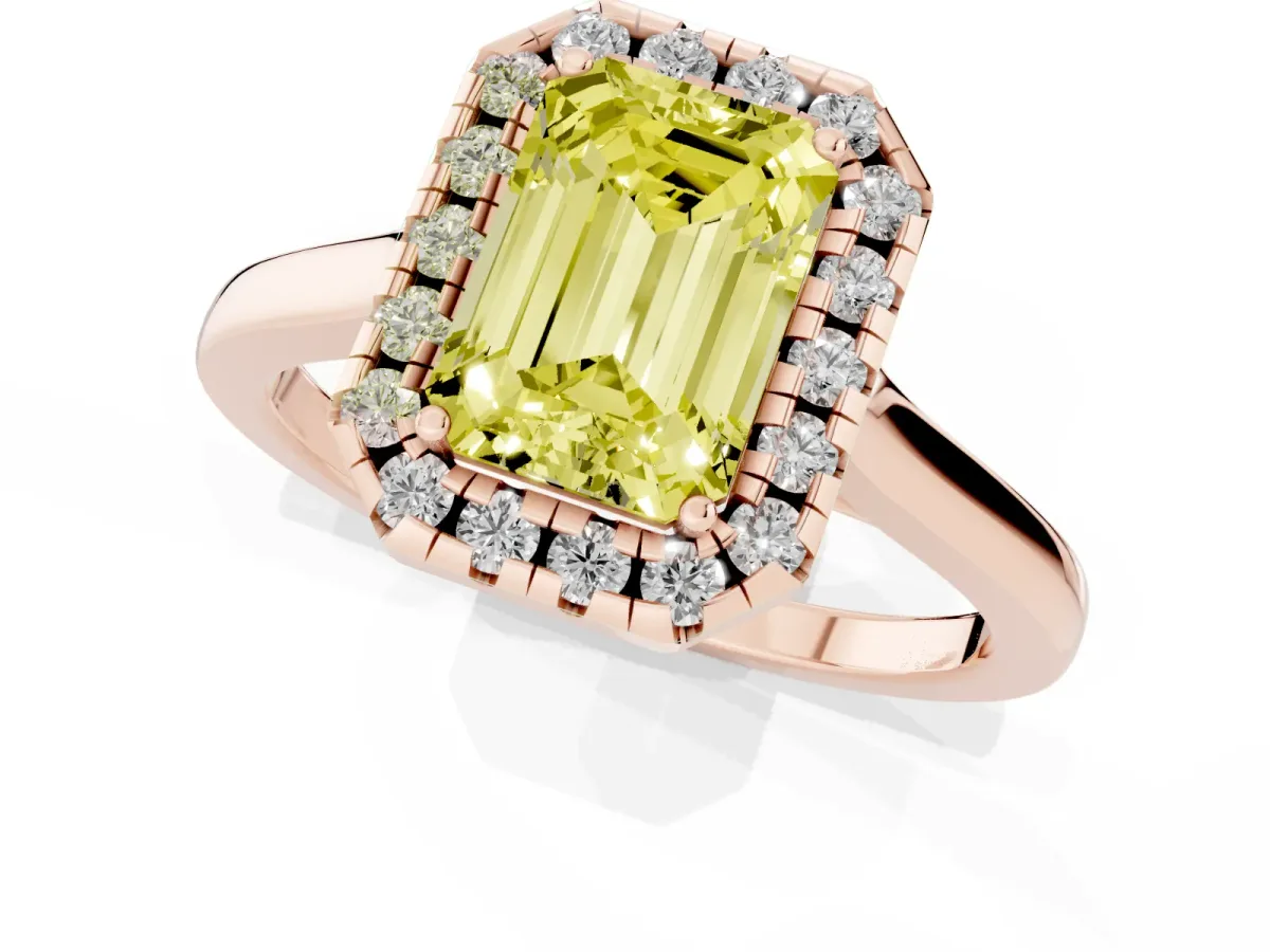 Fancy Yellow Emerald Cut Halo Round Diamond Solitaire Ring with Pavé Band and Four-Prong Setting Rose gold