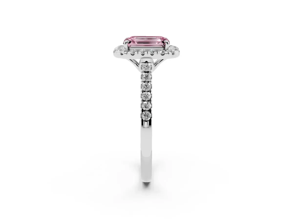 Fancy Pink Emerald Cut Halo Pavé Diamond Engagement Ring with Four-Prong Setting Silver