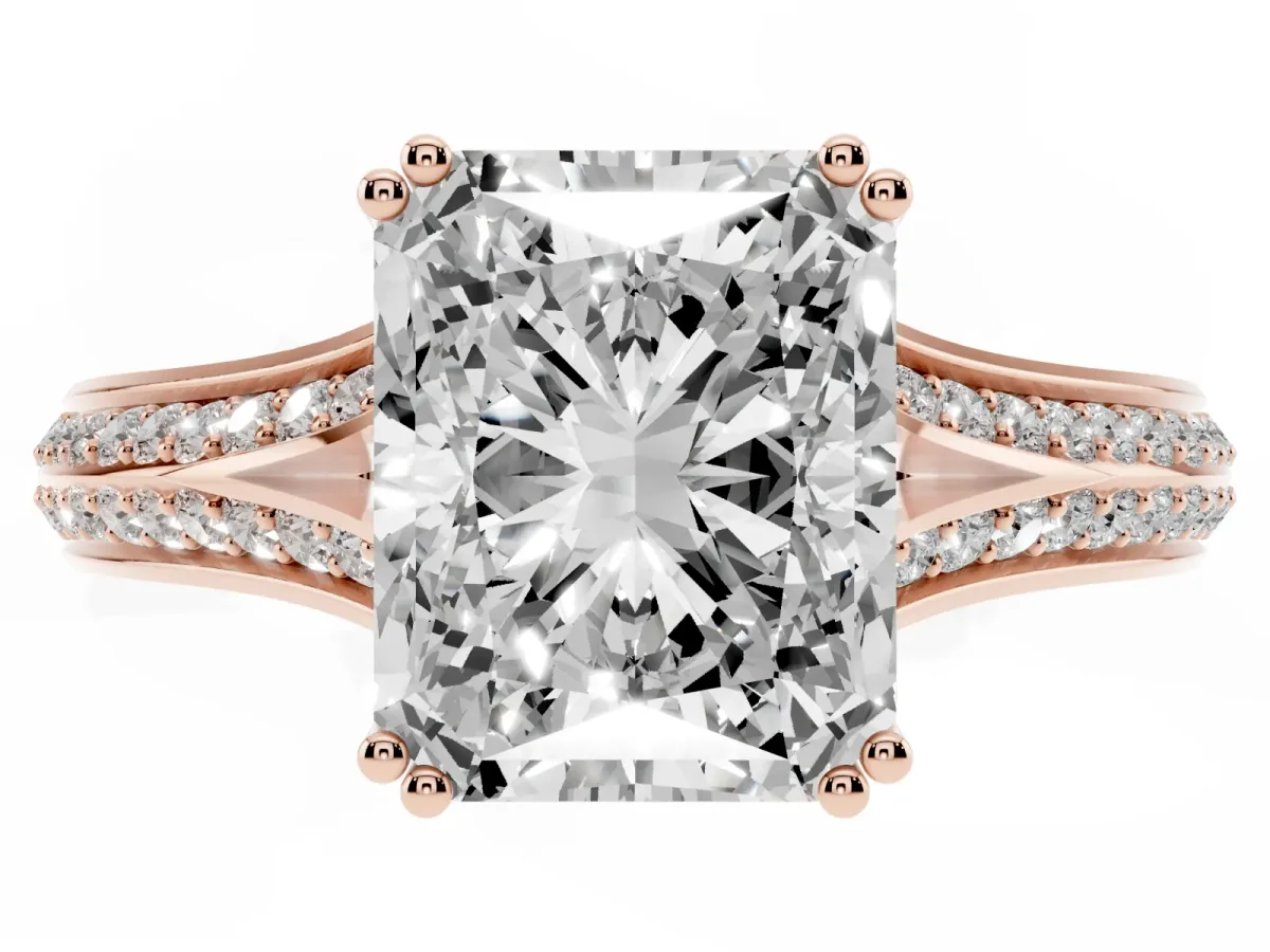Radiant Cut Diamond Split Shank Engagement Ring with Pavé Band Rose gold